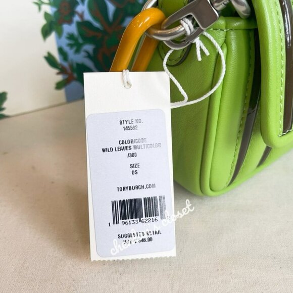 Tory Burch Kira Green Leather Shoulder Bag Stripe Chain Strap Silver Hardware - Picture 11 of 13